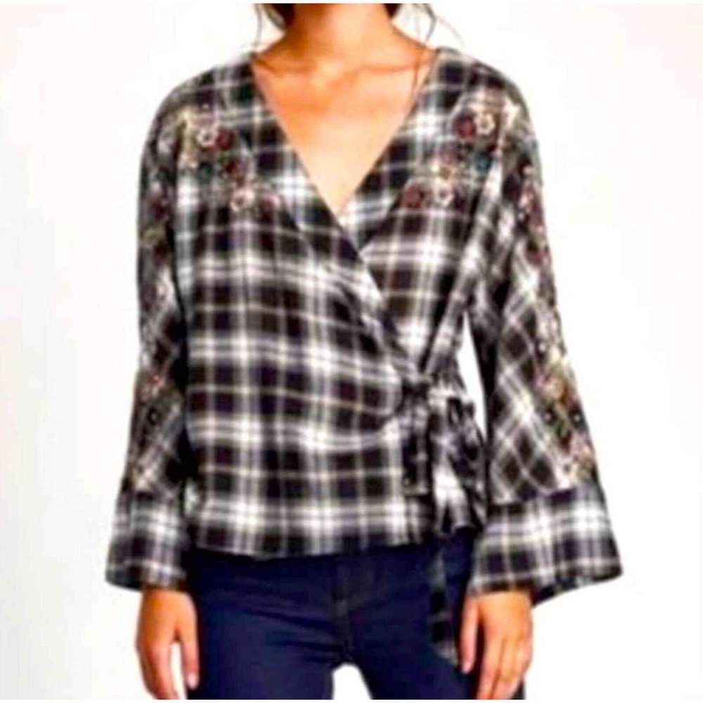Zara Trafaluc Plaid Wrap Top Embroidered Floral Details Size XS